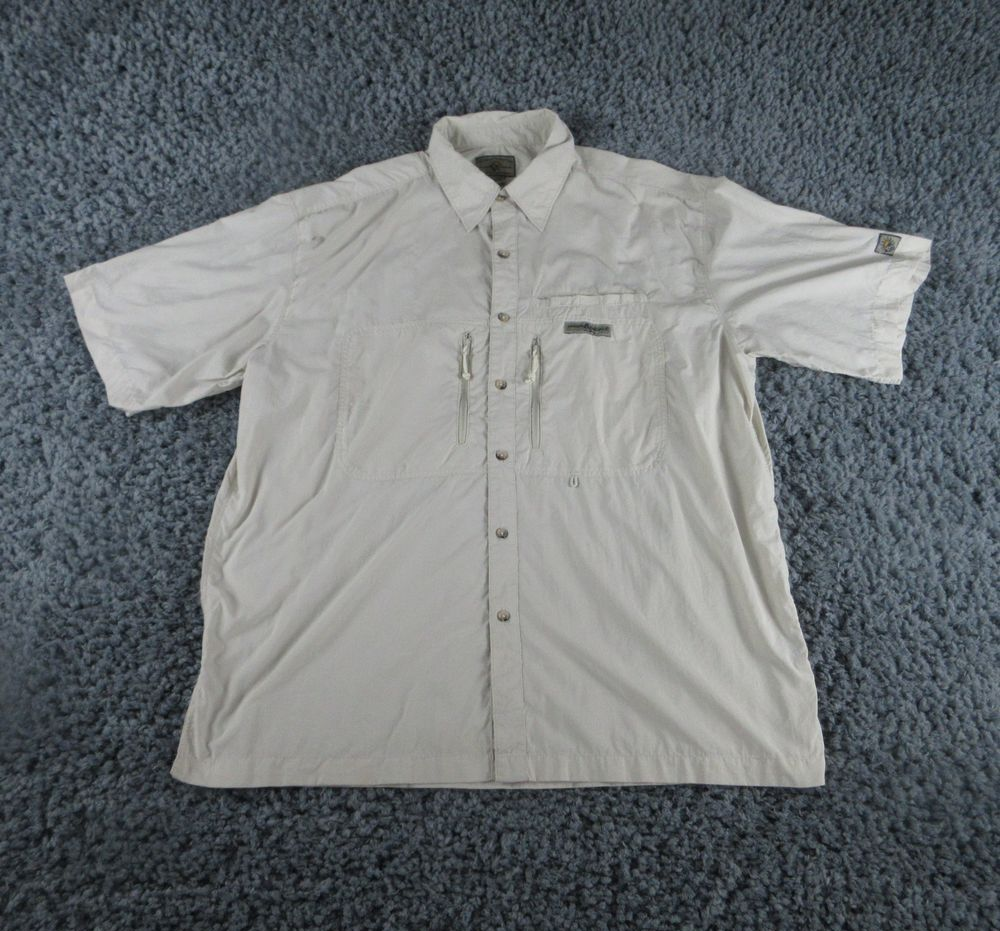 Hook & Tackle Shirt Mens XL Beige Outdoor Fishing Short Sleeve Button Up